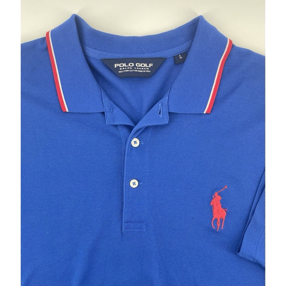 Polo Golf Ralph Lauren Polo Shirt Mens L Blue Big Pony Pima Cotton Tipped Collar